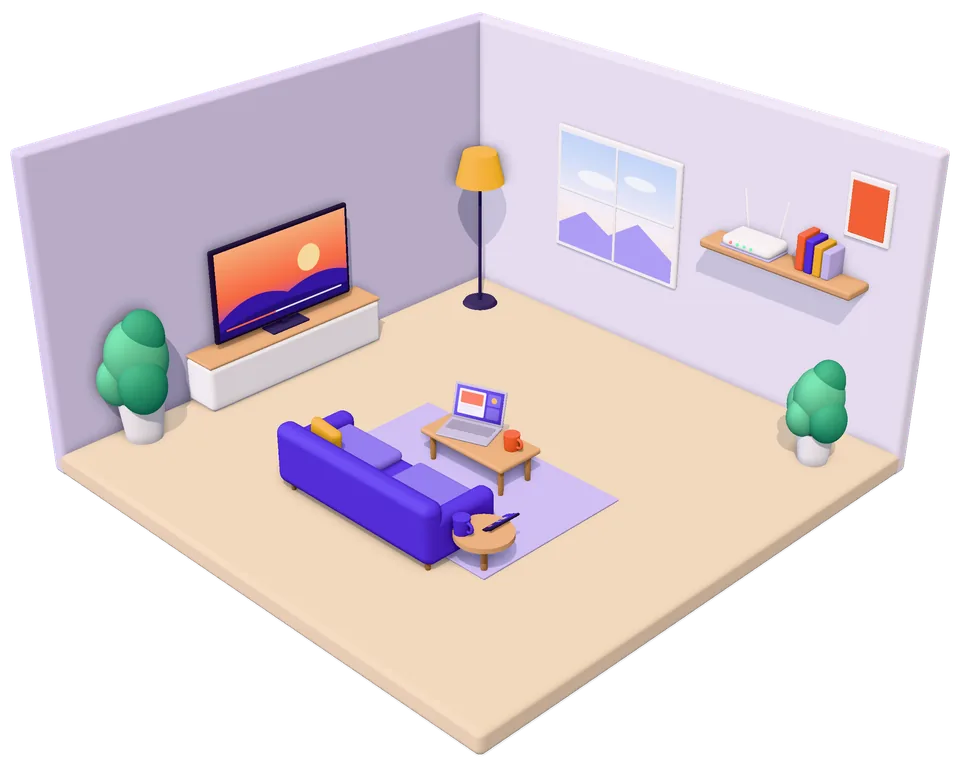 Ilustración 3D de una sala conectada: router con señal Wi-Fi, televisor, laptop y teléfono