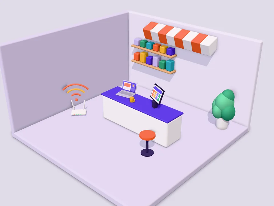 Ilustración 3D de un pequeño negocio con mostrador, terminal de cobro y router